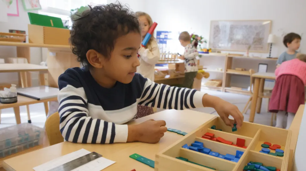 student sorting small items into 3 containers